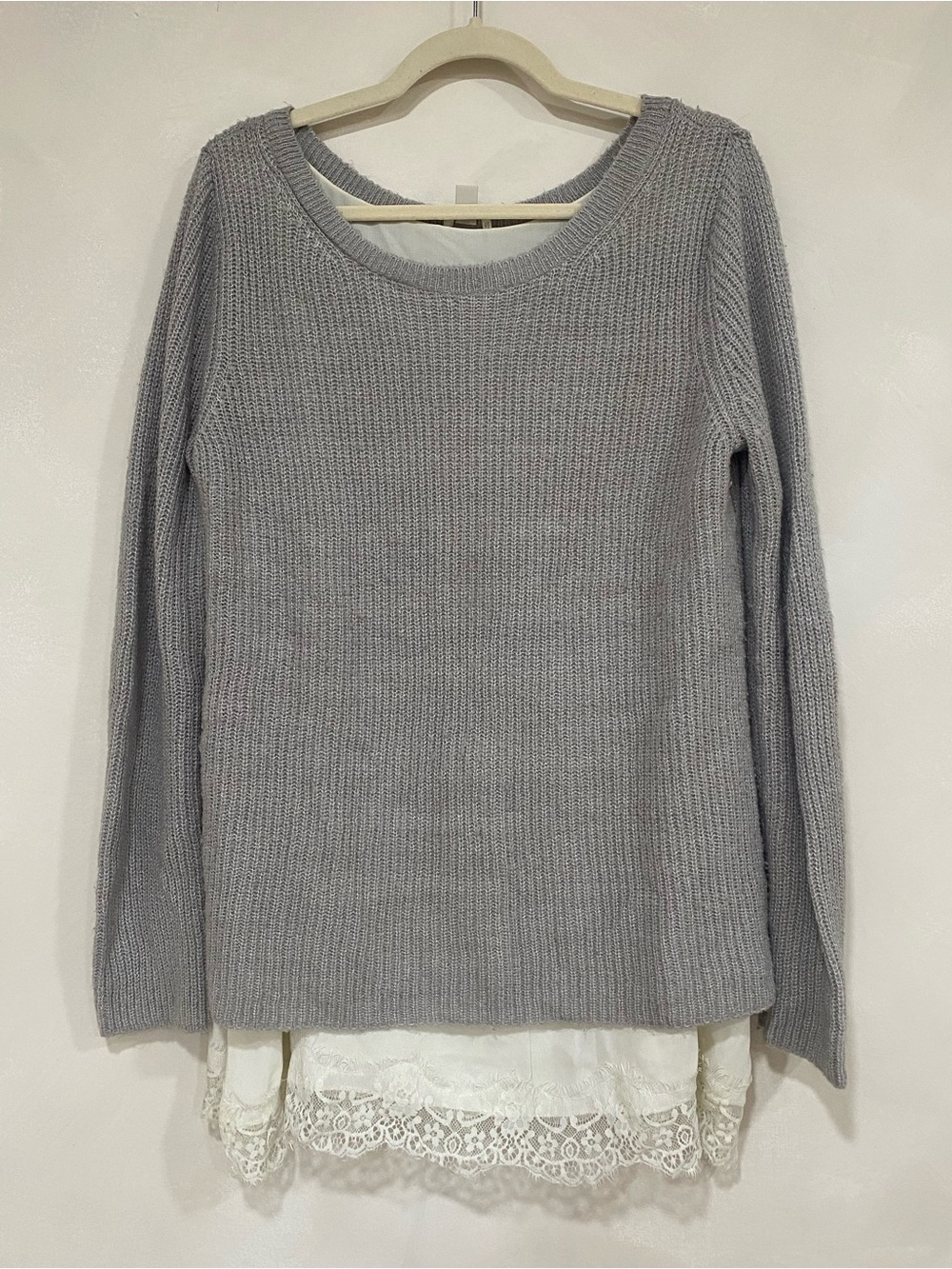 Hinge 2-in-1 Mixed-Media Lace Hem Sweater Light Grey Size 1